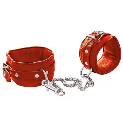 Leder - Solidne skórzane kajdanki na nogi podszyte pianką z łańcuchem 10 cm.