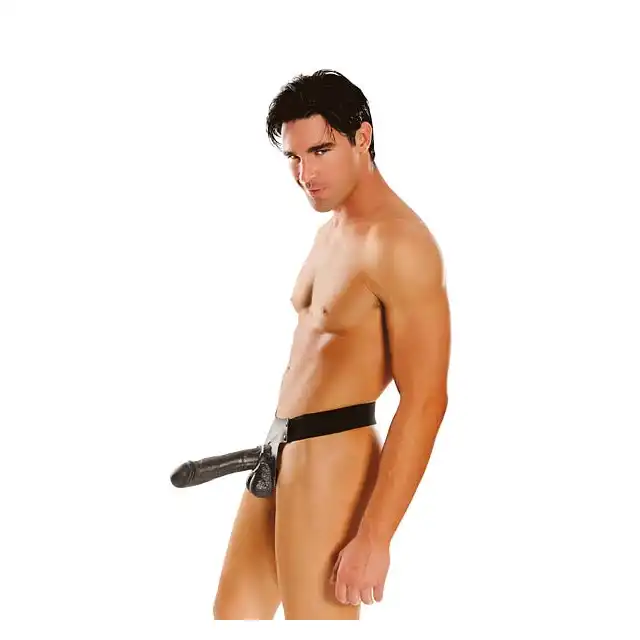 Fetish Fantasy - Big Daddy 10" Hollow Strap-On - Olbrzymi, czarny, realistyczny Strap-On z jądrami.