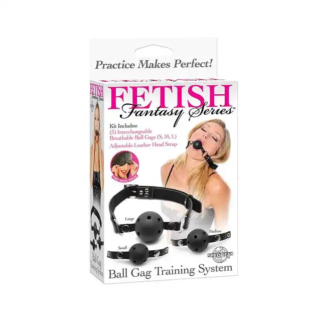 Fetish Fantasy- 3xBall Gag Training System. Komplet 3 knebli różnego rozmiaru +maska na oczy.