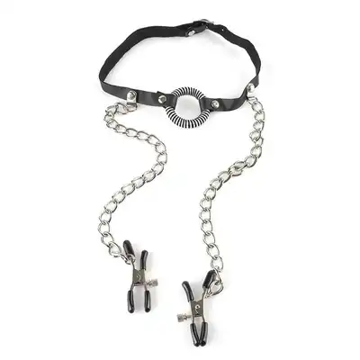 Fetish Fantasy Series - O-Ring Gag Nipple Clamps. Knebel z klamerkami na sutki