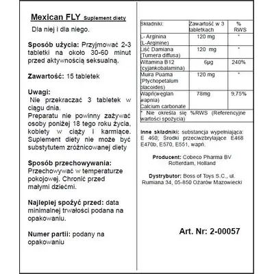 Cobeco Pharma - Mexican Fly 15 tabs. Meksykańska mucha w tabletkach. Silny afrodyzjak