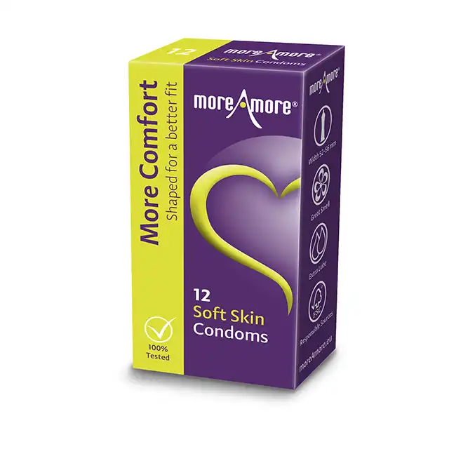MoreAmore - Soft Skin 12 szt. Eco prezerwatywy o unikalnie wygodnym kształcie, 56 mm na końcach i 53 mm w środku 
