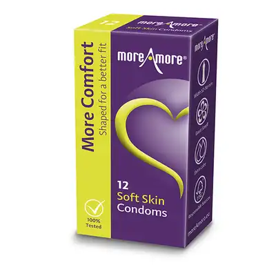 MoreAmore - Soft Skin 12 szt. Eco prezerwatywy o unikalnie wygodnym kształcie, 56 mm na końcach i 53 mm w środku 