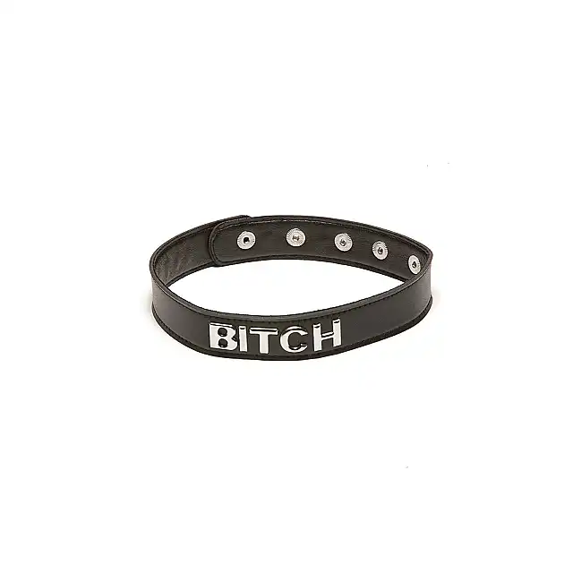 X-Play - Talk Dirty to Me Collar Bitch. Czarna obroża na szyję z ozdobnym srebrnym i prowokującym napisem BITCH