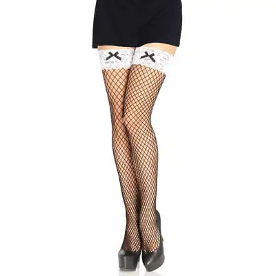 Leg Avenue - 85106 Industrial Net Thigh Highs. Czarne kabaretki z kokardką. One Size.
