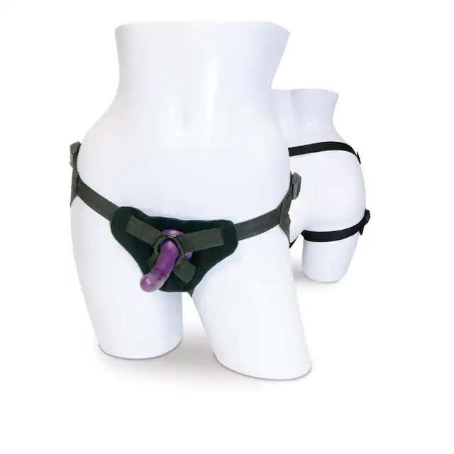 Sportsheets STRAP-ON AND SILICONE DILDO KIT. Strap-on z, fioletowym, prowokującym, dildem. Wypróbuj pasy z odczepianym dildem, idealne dla początkujących
