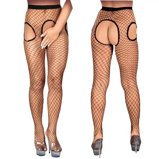 Roxana - 6134 L/XL. Rajstopy kabaretki z seksownymi i podreślającymi nogi wycięciami, otwarty krok i klasyczna czerń