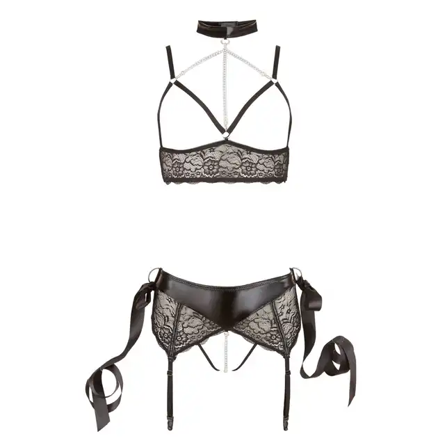 Cottelli Bondage - Bra Set For Bondage Games L. Unikatowy komplet bieliźniany w klimacie bondage. Drapieżne kobiety w ponętnym koronkowym komplecie to szczyt męskiej fantazji