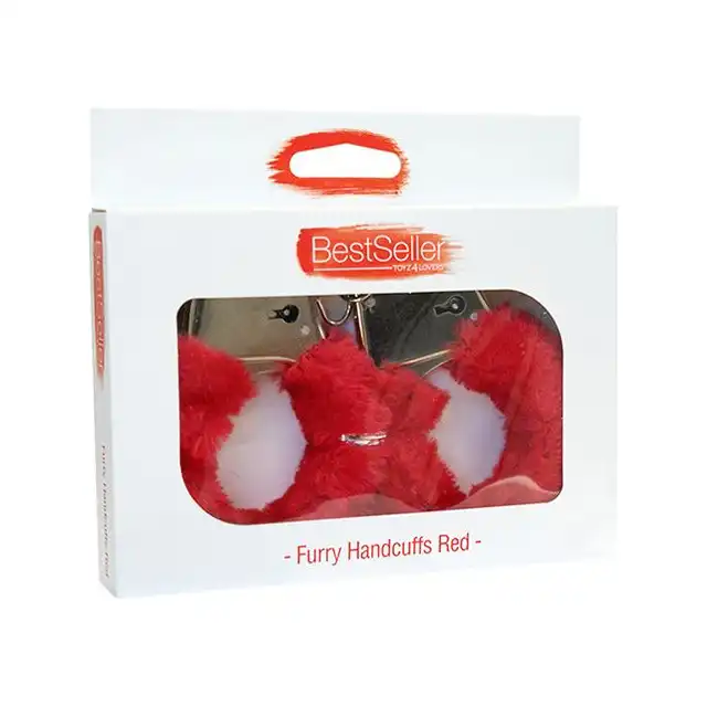 Toyz 4 Lovers - Furry Handcuffs Red. Kajdanki z futerkiem. Czerwone. 2 kluczyki. Seria Bestseller!