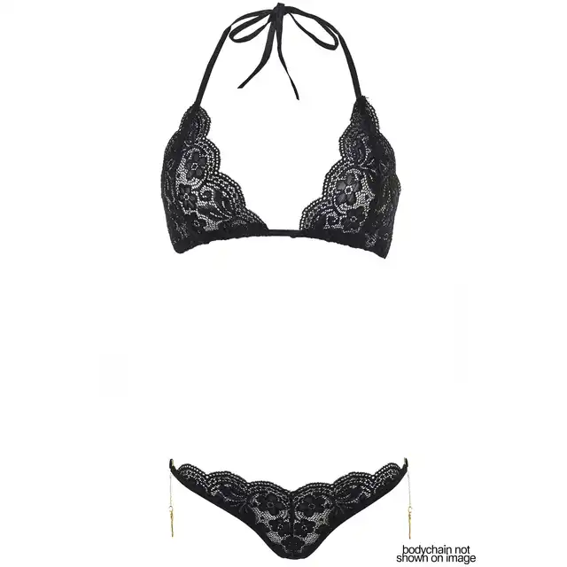 Leg Avenue - Bra, Cheekini &amp; Body Chain. Seksowny komplet koronkowej bielizny ze złotym łańcuchem. M/L