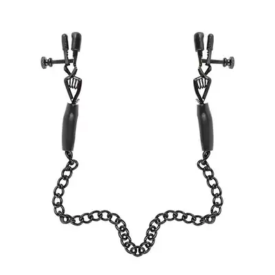 Fetish Fantasy Series - Adjustable Nipple Chain Clamps. Czarne klamerki na sutki z łańcuszkiem