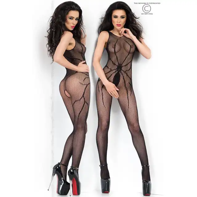 Chilirose - 3802. Czarne ażurowe bodystocking w oryginalny wzór pająka. S/M