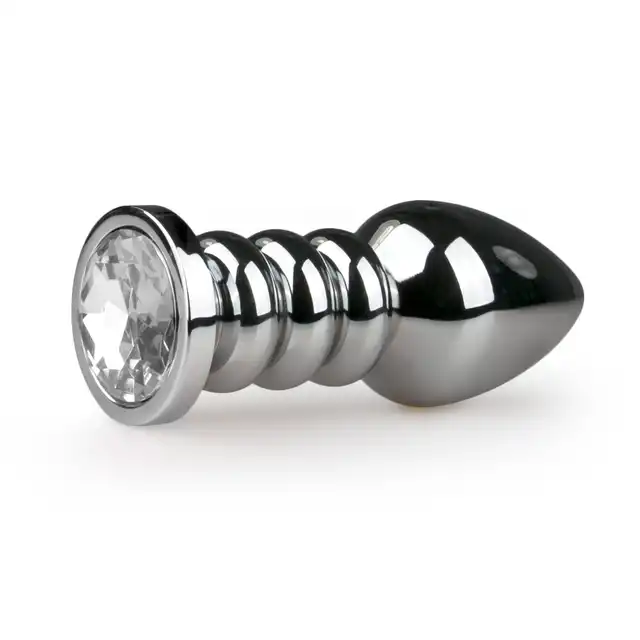 Easy Toys - Metal Butt Plug Ribbed. Żebrowana metalowa wtyczka z kryształkiem. 