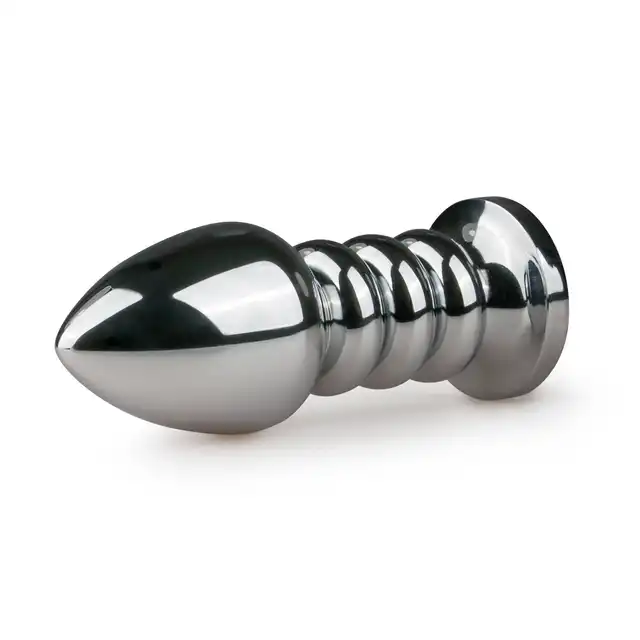 Easy Toys - Metal Butt Plug Ribbed Pink. Żebrowana wtyczka z kryształkiem. 