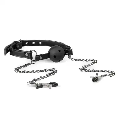 Easy Toys - Ball Gag &amp; Nipple Clamps. Knebel z otworkami i klamerkami na sutki. 