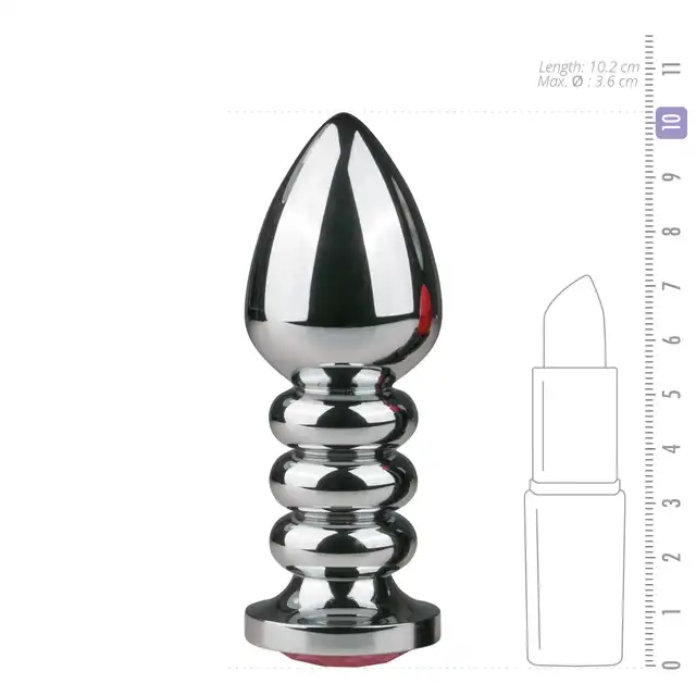 Easy Toys - Metal Butt Plug Ribbed Pink. Żebrowana wtyczka z kryształkiem. 