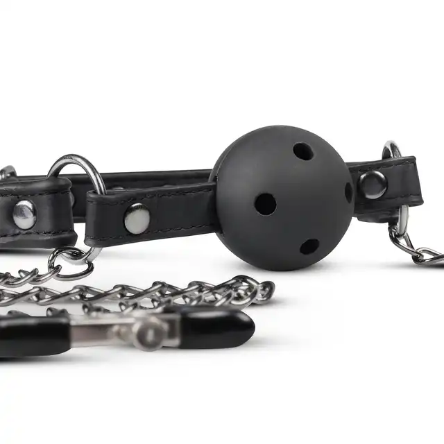 Easy Toys - Ball Gag &amp; Nipple Clamps. Knebel z otworkami i klamerkami na sutki. 