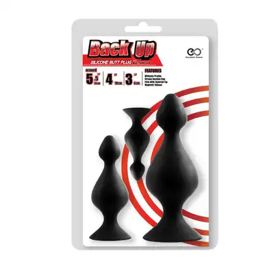 Excellent Power - 3 Anal Plugs Back Up. Zestaw treningowy korków analnych z mocną przyssawką i kształcie odpowiednim dla początkujących