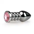 Easy Toys - Metal Butt Plug Ribbed Pink. Żebrowana wtyczka z kryształkiem. 