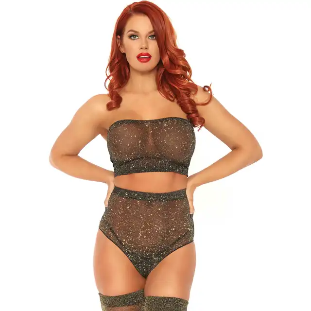 Leg Avenue - Lurex Spandex Top and Panty. Złoty błyszczący komplet. Top i wysokie majtki. 