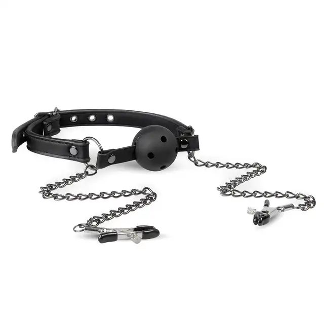 Easy Toys - Ball Gag &amp; Nipple Clamps. Knebel z otworkami i klamerkami na sutki. 
