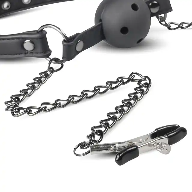 Easy Toys - Ball Gag &amp; Nipple Clamps. Knebel z otworkami i klamerkami na sutki. 