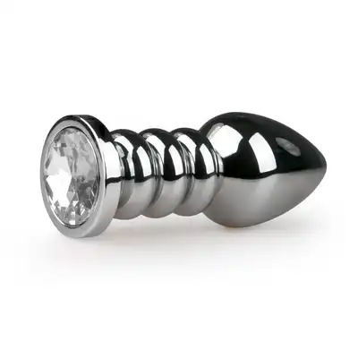 Easy Toys - Metal Butt Plug Ribbed. Żebrowana metalowa wtyczka z kryształkiem. 