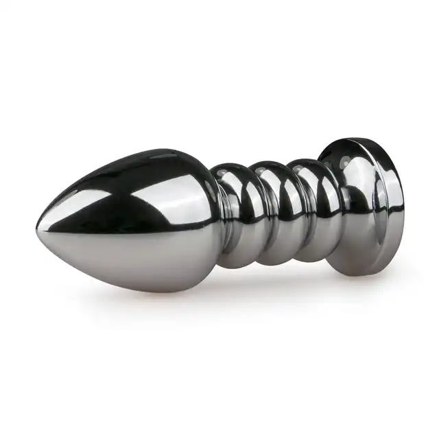 Easy Toys - Metal Butt Plug Ribbed. Żebrowana metalowa wtyczka z kryształkiem. 