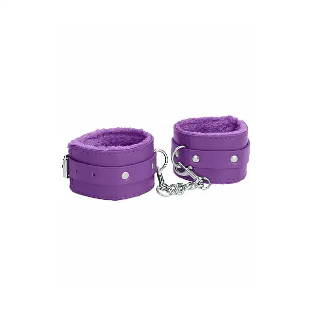 Ouch! - Plush Leather Hand Cuffs Purple. Fioletowe kajdanki wyścielane uroczym pluszem