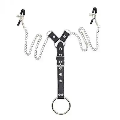 Toyz4Lovers - Penitence Man Nipples Clamps Black. Uprząż z klamerkami na sutki i ringiem