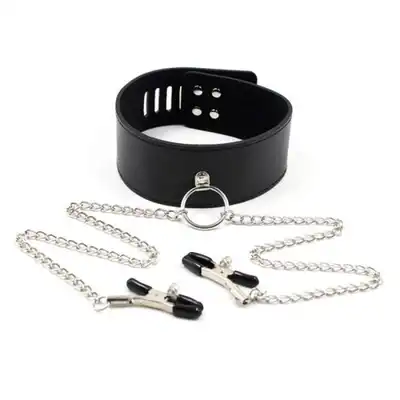 Toyz4Lovers - Collar With Nipple Clamps Black. Czarna obroża z łańcuchami i klamerkami na sutki