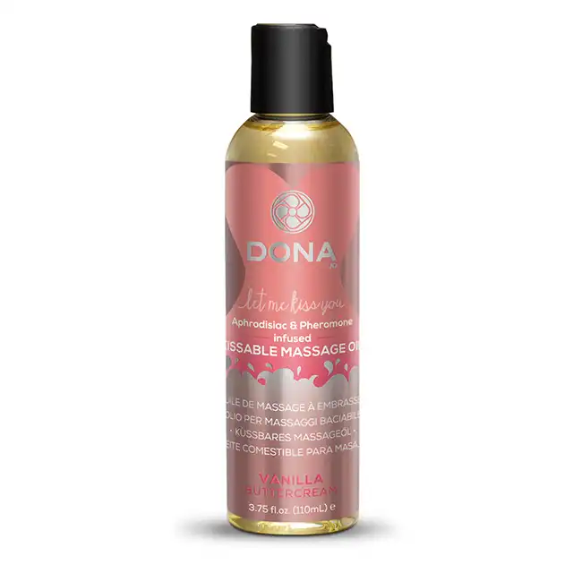 Dona - Kissable Massage Oil Vanilla Buttercream 110 ml. Jadalny olejek do masażu o smaku waniliowego kremu. 