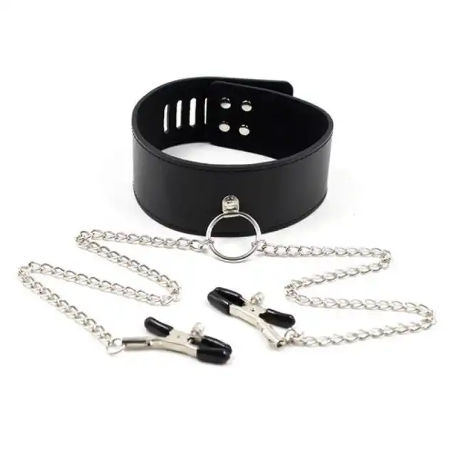 Toyz4Lovers - Collar With Nipple Clamps Black. Czarna obroża z łańcuchami i klamerkami na sutki