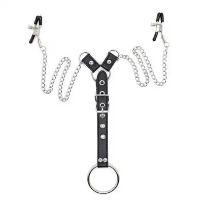 Toyz4Lovers - Penitence Man Nipples Clamps Black. Uprząż z klamerkami na sutki i ringiem