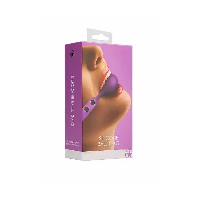 Ouch! - Silicone Ball Gag Purple. Fioletowy silikonowy gag z eleganckimi przeszyciami