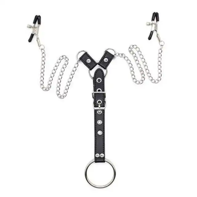 Toyz4Lovers - Penitence Man Nipples Clamps Black. Uprząż z klamerkami na sutki i ringiem