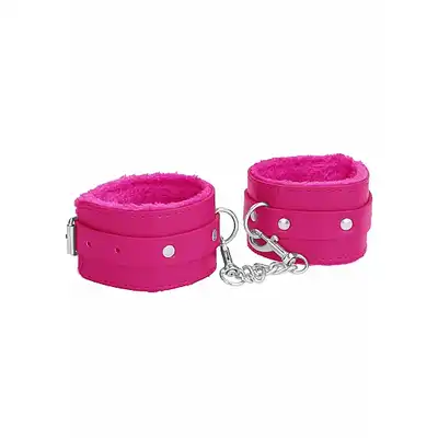 Ouch! - Plush Leather Ankle Cuffs Pink. Różowe urocze kajdanki na nogi z ekoskóry wyścielane pluszem