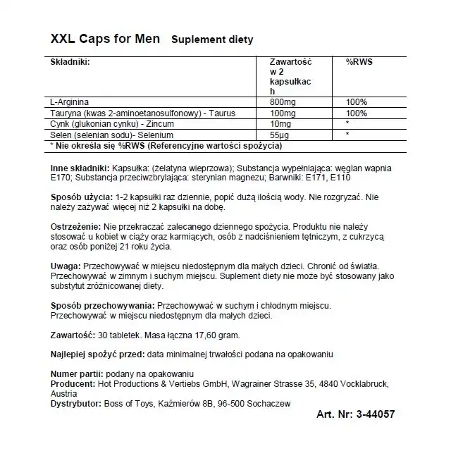 Hot - XXL Caps for Men Booster 30 caps. Tabletki wspomagające powiększenie penisa. 