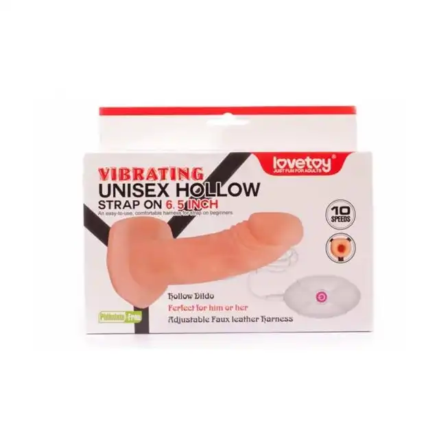Lovetoy - Vibrating Unisex Hollow Strap On. Realistyczny Strap On z wibracjami. 10 trybów. 