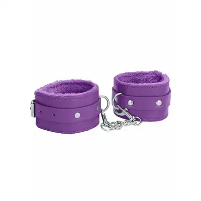 Ouch! - Plush Leather Hand Cuffs Purple. Fioletowe kajdanki wyścielane uroczym pluszem. Ostatnia sztuka!