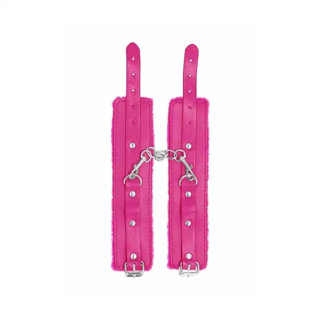 Ouch! - Plush Leather Hand Cuffs Pink. Różowe urocze kajdanki wyścielane pluszem