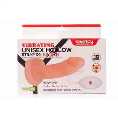 Lovetoy - Vibrating Unisex Hollow Strap On. Realistyczny Strap On z wibracjami. 10 trybów. 