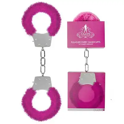 Ouch! Pleasure Furry Handcuffs Kajdanki z różowym futerkiem BEZPIECZNE ZAPIĘCIE