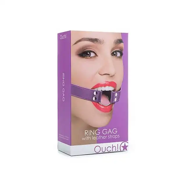 Ouch! - Ring Gag Purple. Knebel. Skórzane paski.