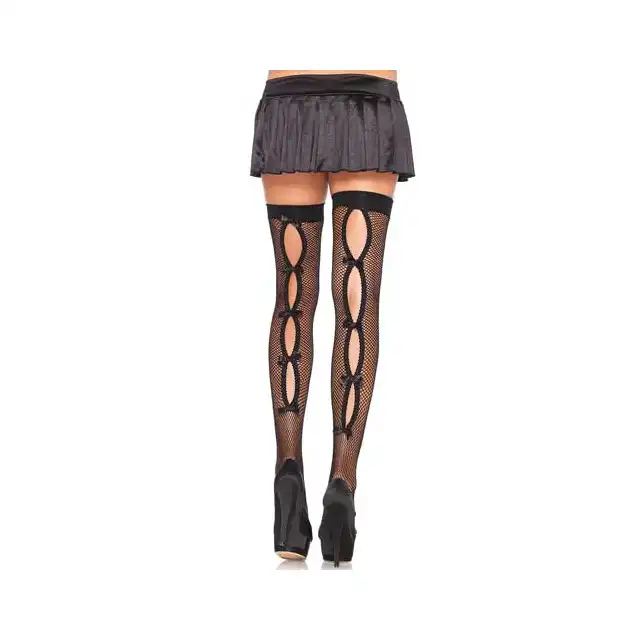 Leg Avenue - Fishnet Thigh Highs With Keyhole Bow Backseam. Kabaretki Z Kokardkami.