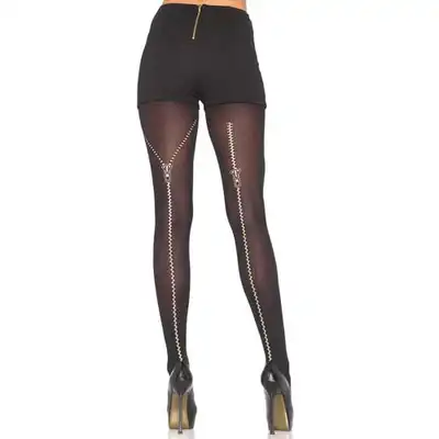 Leg Avenue - Metallic Zipper Print Backseam Pantyhose. Rajstopy Z Wzorem.