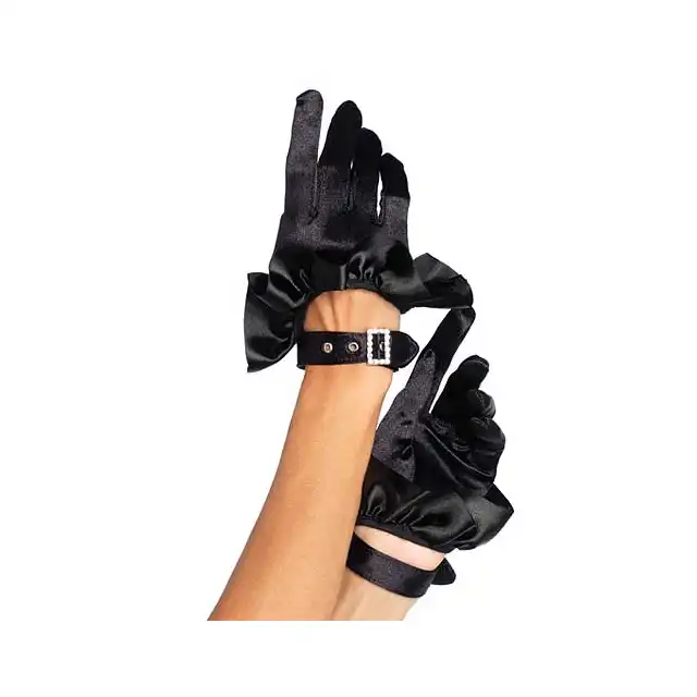 Leg Avenue O/S BLACK Cropped Satin Ruffle Glove Piękne i Seksowne Rękawiczki