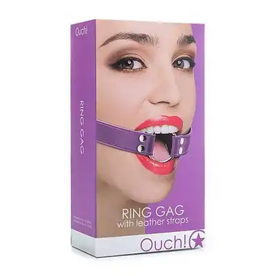 Ouch! - Ring Gag Purple. Knebel. Skórzane paski.