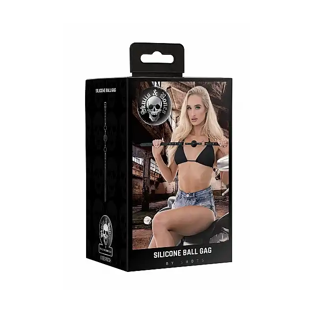 Ouch! - Skulls And Bones Silicone Ball Gag. Skórzany knebel z silikonową kulką i czaszkami