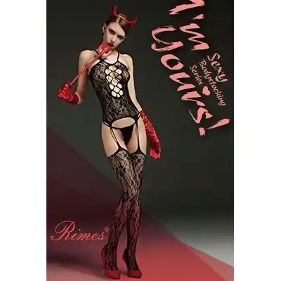 Rimes - Bodystocking One Size 521D. Zmysłowy czarny bodystocking z kwiatowym wzorem